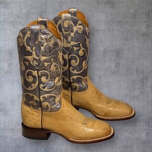 LUCCHESE 1883 Tan Ostrich Boots With  Blue/Gray Tooled Leather Upper Womens 8.5